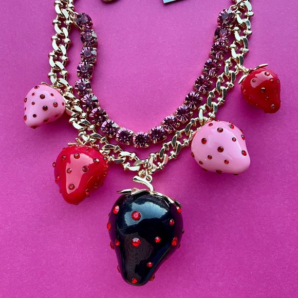 NWT Betsey Johnson Strawberry Necklace- Gold with Black, Red & Pink Strawberries - Picture 1 of 10